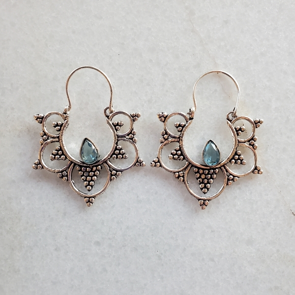 New Round Boho Gypsy Style Blue Quartz Silver Earrings. - Picture 3 of 10